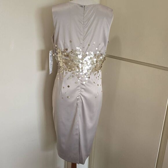 Chancelle champagne sheath dress with paillette embellishment at waist, NWT, Sz. - Picture 5 of 10
